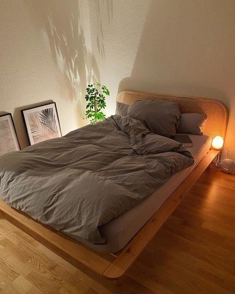 platform bed, wooden bed frame, rattan bed, king size bed, bedroom furniture, brand awareness, lifestyle, calm, warm, neutral, brown